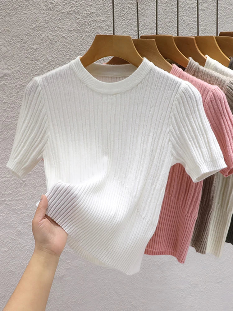 Camiseta Corta Coreana de Punto | Top Básico Liso Casual para Mujer