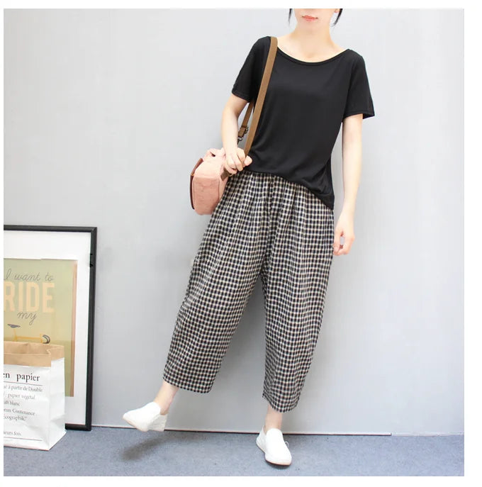 Summer Plaid Fashion Haren Pants Women High Street Casual Loose Pockets High Waist Pure Cotton All-match Comfortable Trousers