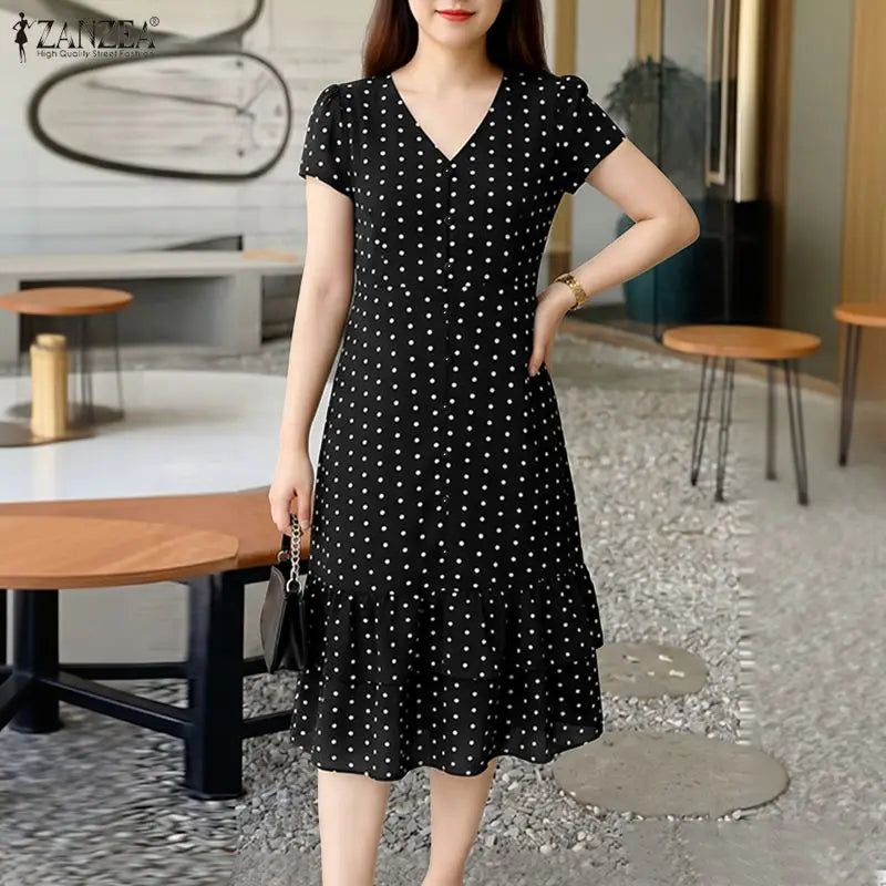 ZANZEA Summer Polka Dots Printed Women Dress Elegant Casual Holiday Beach Ruffled Sundress V Neck Short Sleeve Work Midi Dresses