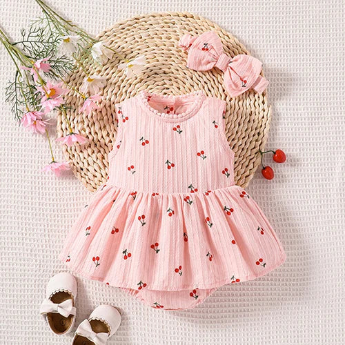 Baby Girl Sleeveless Romper and Hat Set - Cotton Print, 0-24M