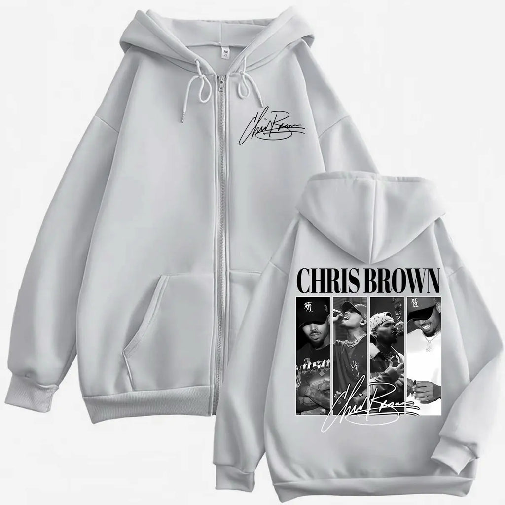 Rapper Chris Brown Graphic Zipper Hoodies Men Women Vintage Fashion Zip Up Pullovers Harajuku Hip Hop Long Sleeve Sweatshirts