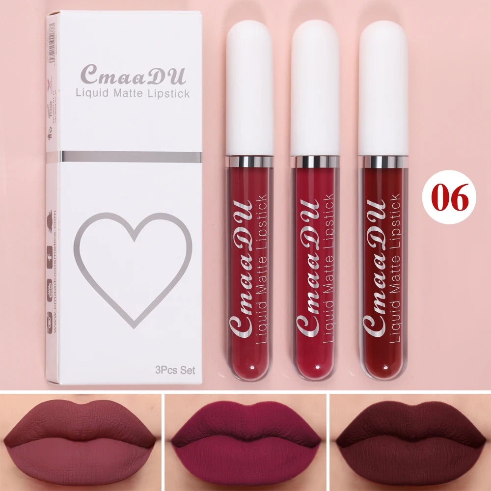 Cmaadu 3-Piece Matte Lipstick and Lip Gloss Set - Waterproof