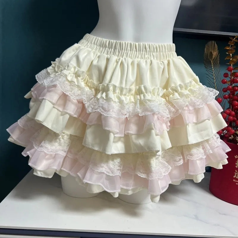 Streetwear Y2k Lolita Sweet Ballet Puff Cake Skirt Women Skirts A-line Harajuku Elastic High-waist Skirt Ruffled Design Clothing
