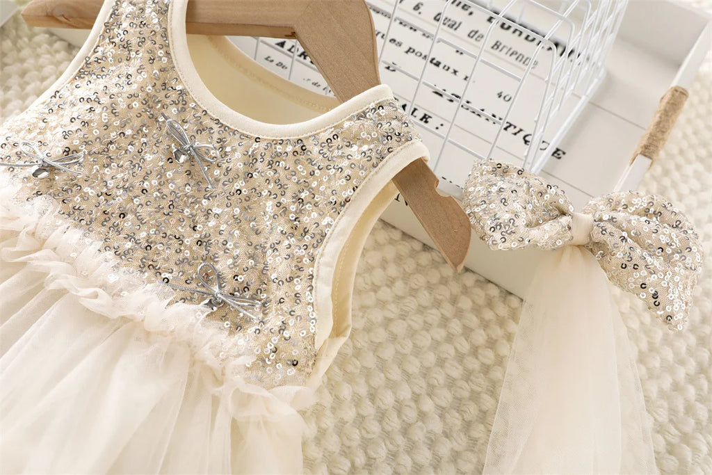 2026 New Summer 1-5Y Childrens Dress Sequin Tulle Sleeveless Girls Dress with Bow Decorations and Matching Sequin Veil