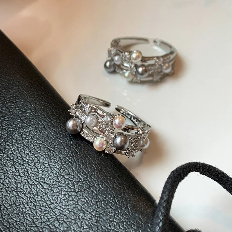 Cold Wind Imitation Pearl Zircon with Multi Layer Metal Open Rings 2026 Gothic Girl's Trendy Jewelry Luxury Jewelry For Women