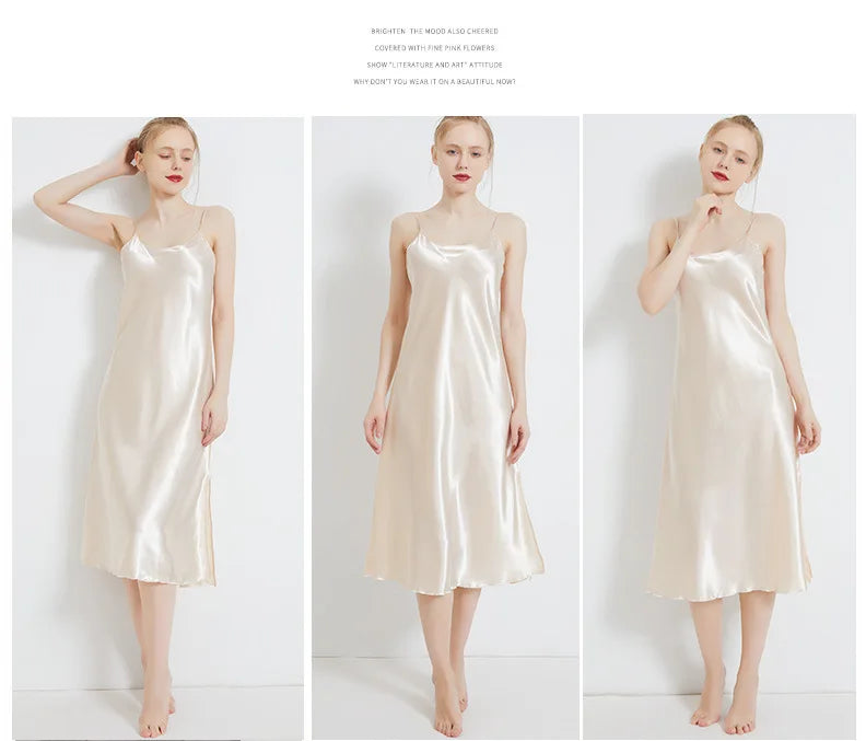Summer Women Solid Plus Size Ice Silk Sexy Long Spaghetti Strap Nightgown Side Slit Close Fitting Sleep Dress Lingerie Sleepwear