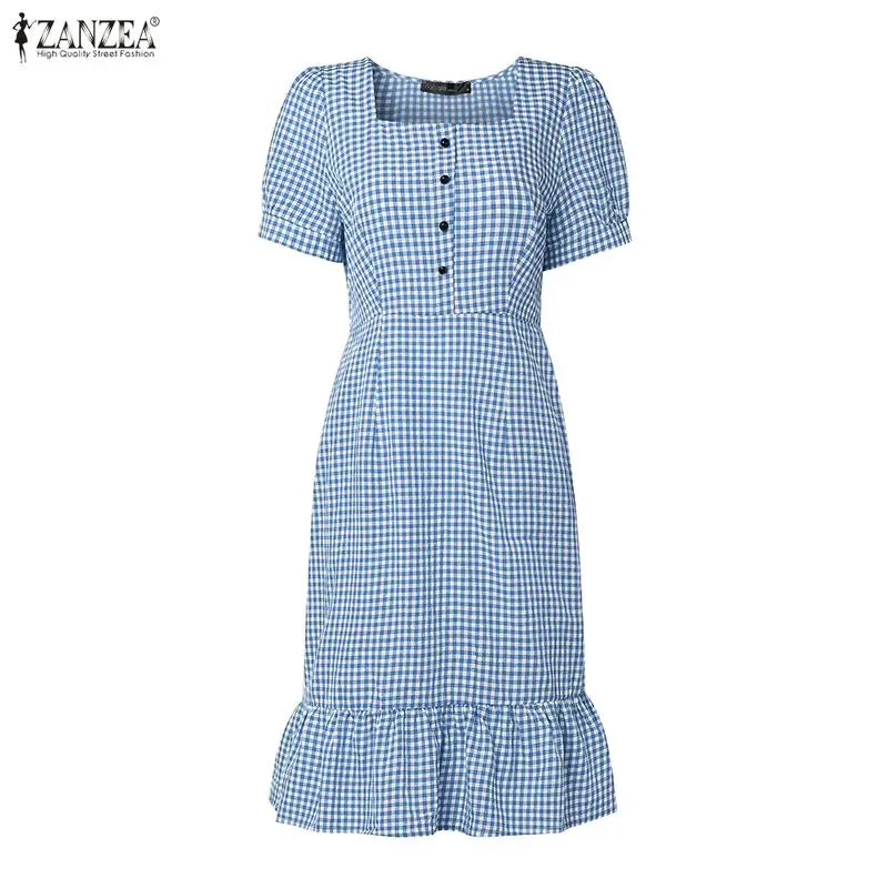 ZANZEA Vintage Gingham Knee-Length Dress Woman Suqare Neck Puff Sleeves Ruffled Hem Dresses Summer Casual Daily Wear Vestidos
