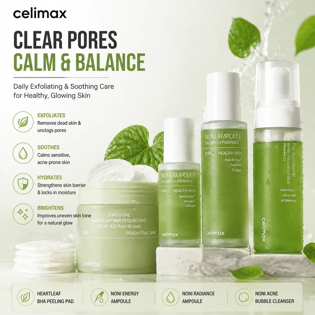 Celimax Skincare Set, Heartleaf BHA Peeling Pads, Real Noni Energy Ampoule & Acne Bubble Cleanser for Moisturizing Exfoliating