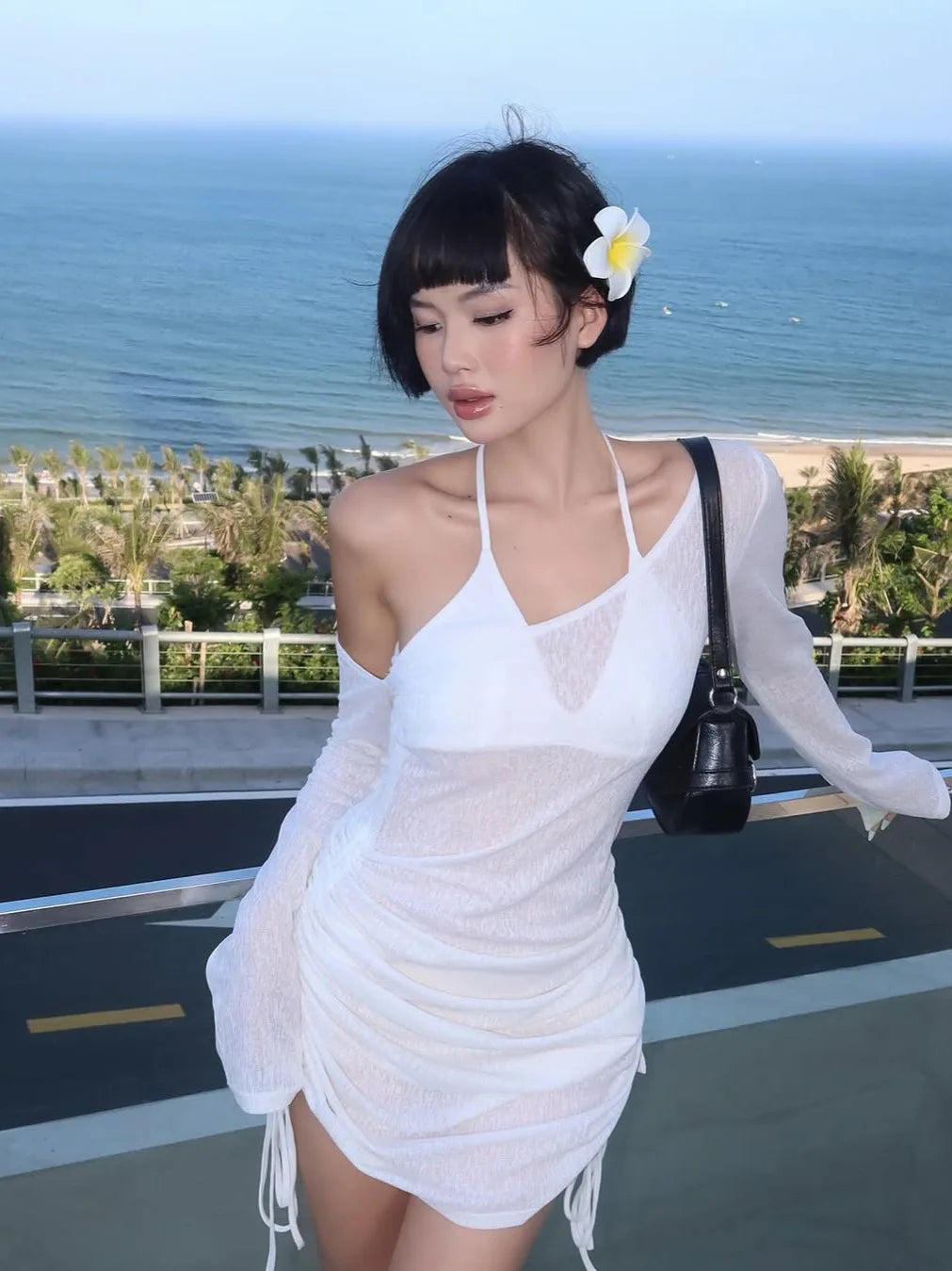 Women Mesh Shoulder slant Mini Dress Sexy See Through Chic Long Sleeve Deep Low Neck Slim Vestidos Mujer Coquette