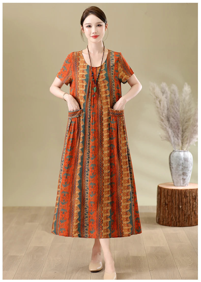 New Fashion Casual Summer Dresses For Women 2026 Loose Plus Size Clothes Elegant printting O-neck Short Sleeve Woman Clothing