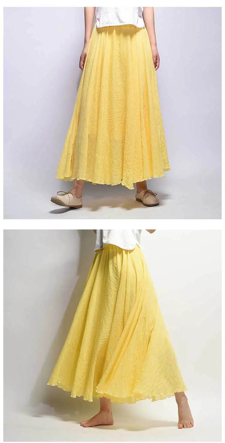 New In 2026 Spring Summer Woman Cotton Linen Midi Skirt Solid Color Loose Flared Pleated A-line Skirt Female Sweet Elegant Skirt