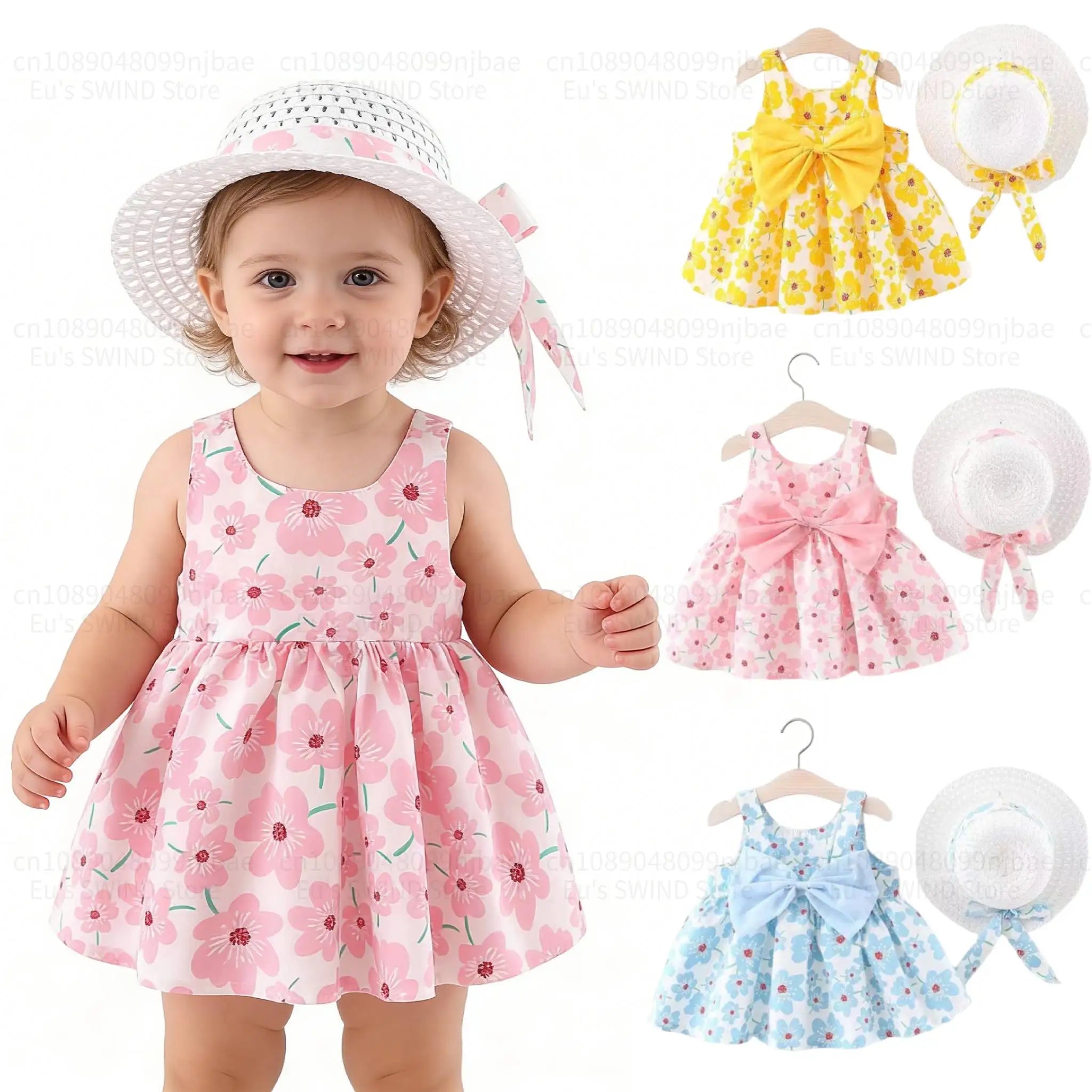 Summer cotton Floral Sling girls Dress  Big Bow Baby sunDress Children Sleeveless Clothes With Hat 0 2 3 1 years Princess Dress