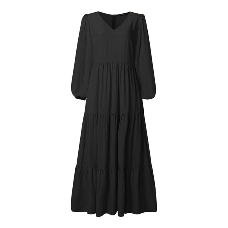 Woman's Solid Color V Neck Dress Elegant A Line Maxi Dress with Pleated Long Sleeves Femme Robe Solid Color Big Swing for Dating