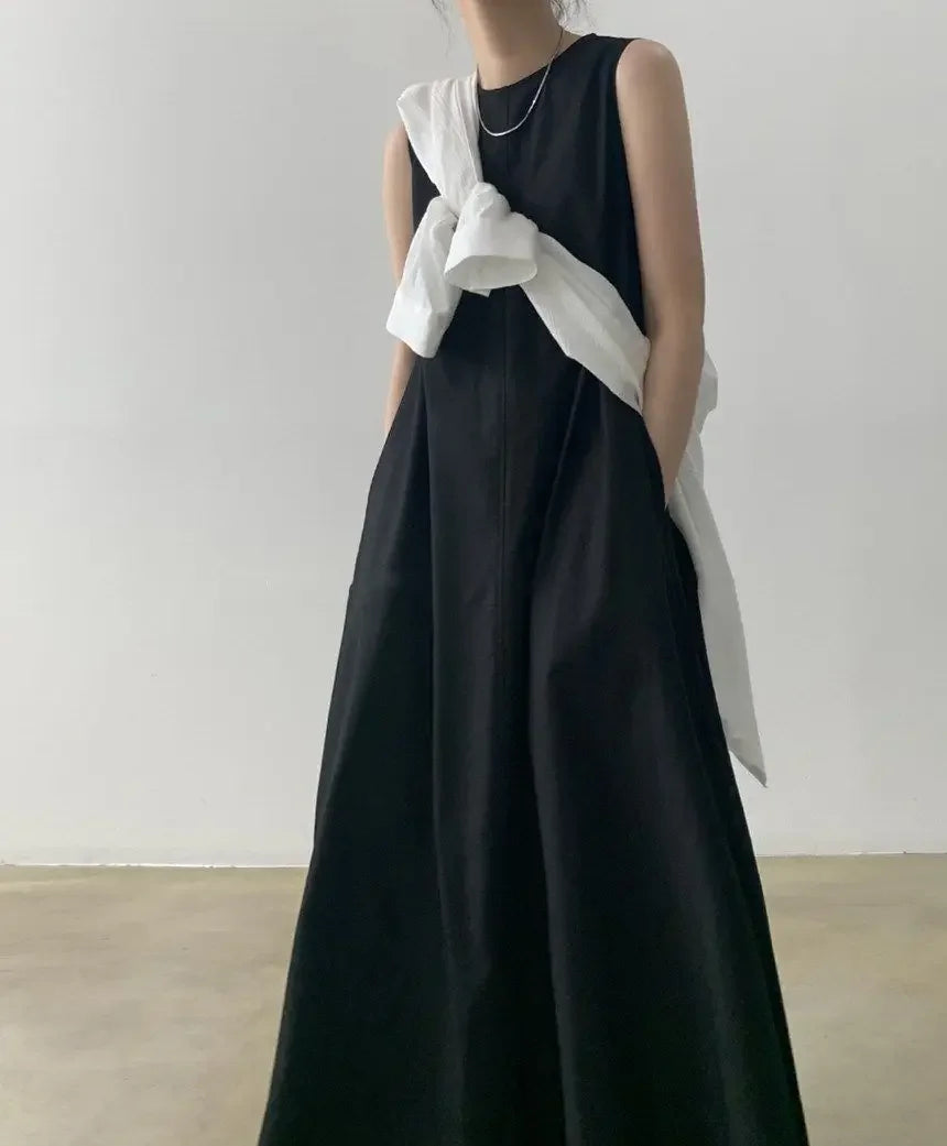 Korean Fashion Women Dress Casual Round Neck Loose Solid Color Casual Big Swing Sleeveless Long Linen Lazy Style Vestidos