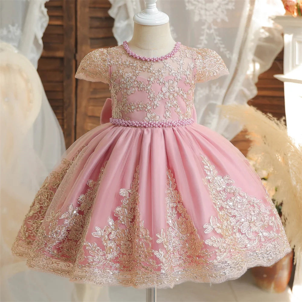 Beading Luxury Short Sleeve Lace Appliques A Line Formal Communion Girl Dress Bow Floor Length Princess Flower Girl Gown New