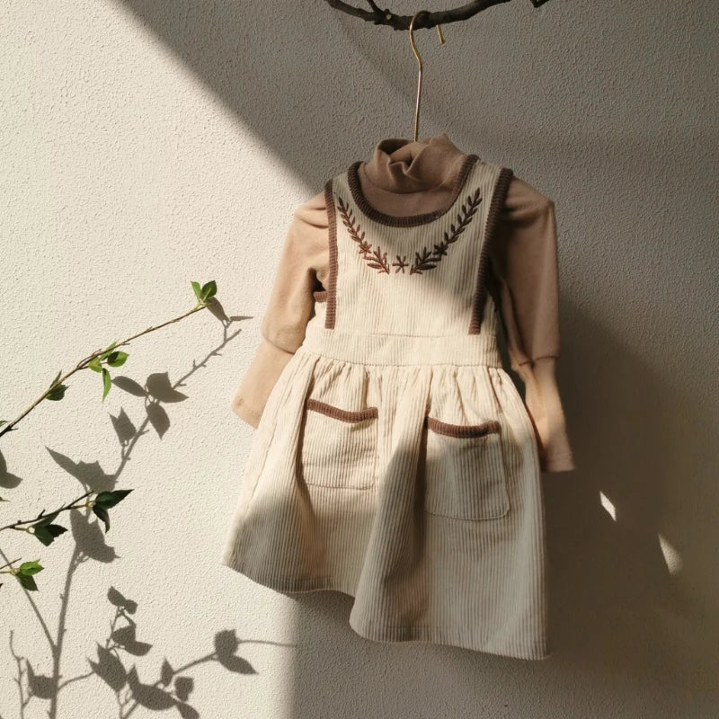 2025 Vinatge Baby Corduroy Sleeveless Dress Little Girls Sundress and Long Sleeve Tops Autumn Winter  Two Piece Set Children
