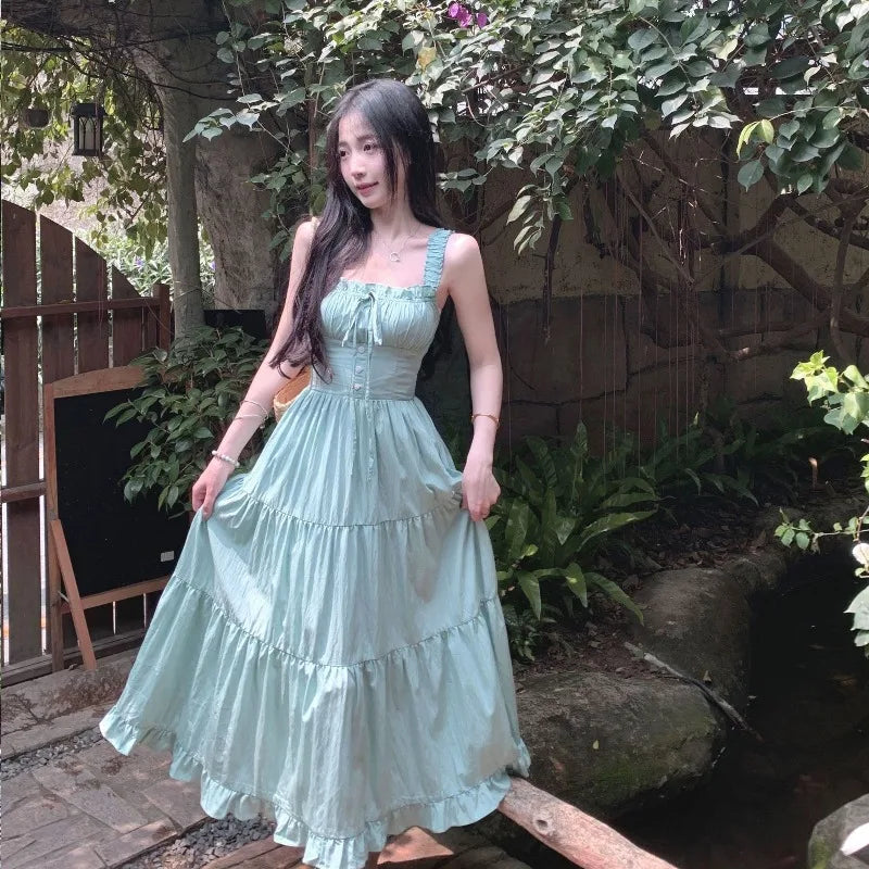 Sweet Long Dresses Beach Style Spring Summer A-line Elegant Women Dress Korean Fashion Sleeveless Ruffles Vestidos Mujer