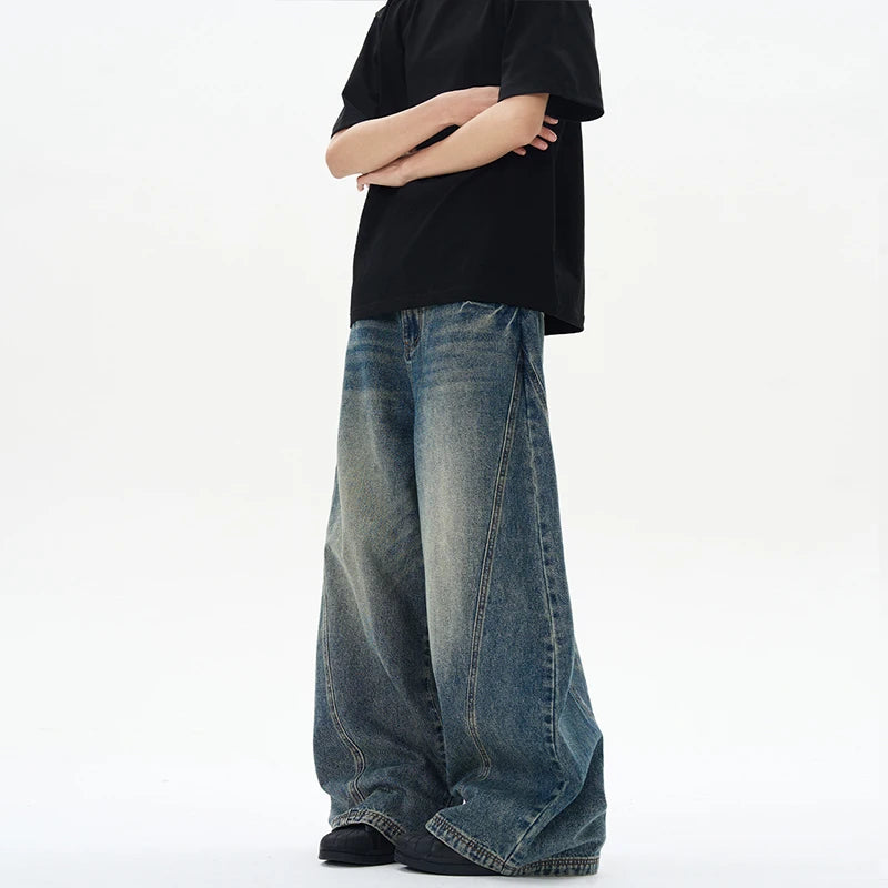 Mens Patchwork Denim Jeans Oversized Wide Leg Pants Vintage Cracked Lightning Denim Streetwear For Men