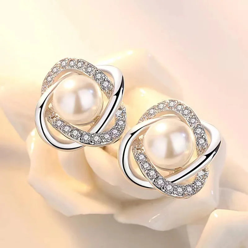 Upscale 14K Gold Jewelry Real Gold Earrings Zircon Pearl Twist Luxury Stud Earrings For Women'S Brincos Pendientes Bijoux