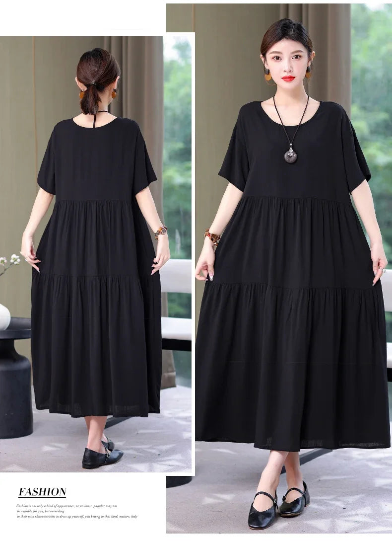 Women's Oversized A-Line Midi Dress – Loose Fit Short Sleeve Summer Sundress
