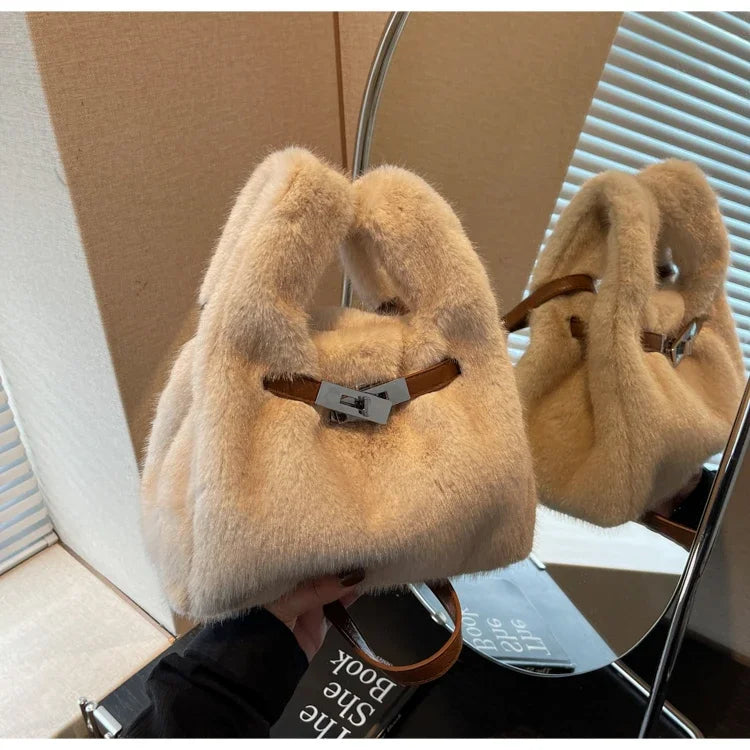 Fashionable Women's Bags Trend 2025 Faux Fur Shoulder Bags Plush Faux Mink Luxury Handbags Chic Crossbody Bag Solid Color Purses