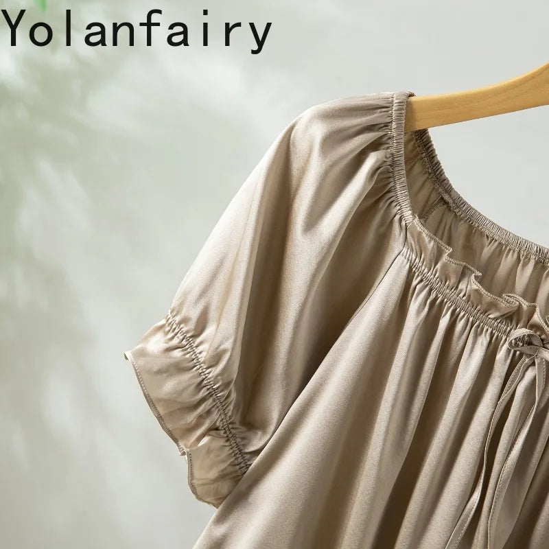 YOLANFAIRY 93% Real Mulberry Silk Pajamas for Woman 2026 Spring Summer High-end Sets Woman 2 Piece Short Sleeve Pijamas De Mujer