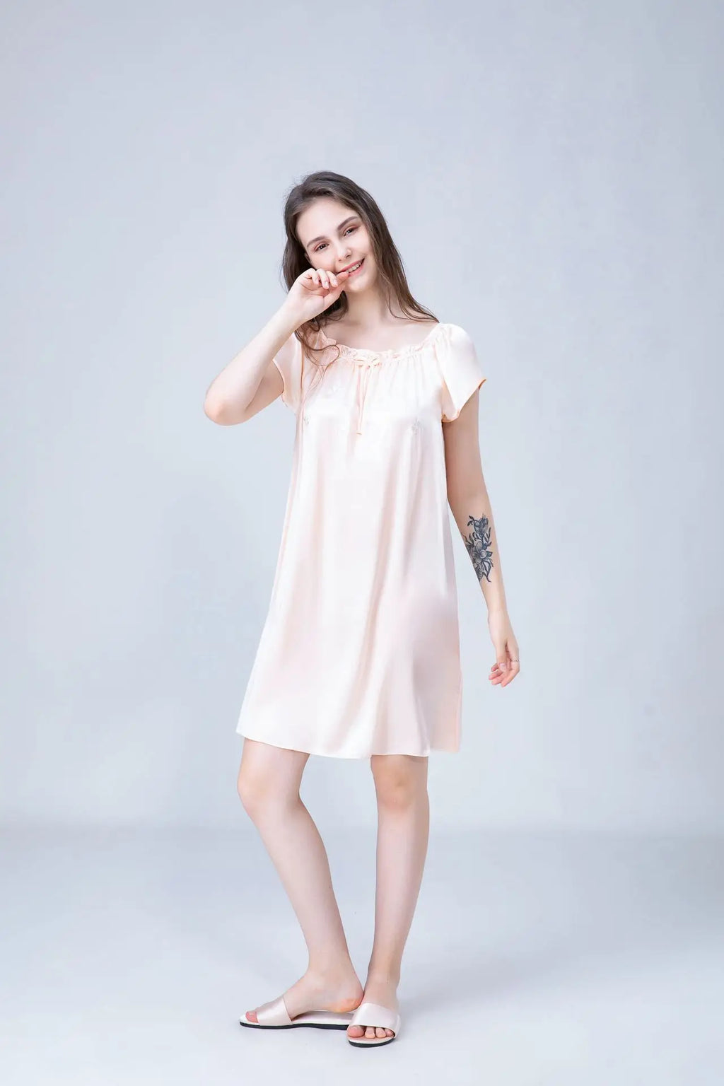 Women's 100% Mulberry Silk Sleep Dress Short Sleeve Summer Spring New Arrival Loose Solid Color Embroidered Doll Sleepwear