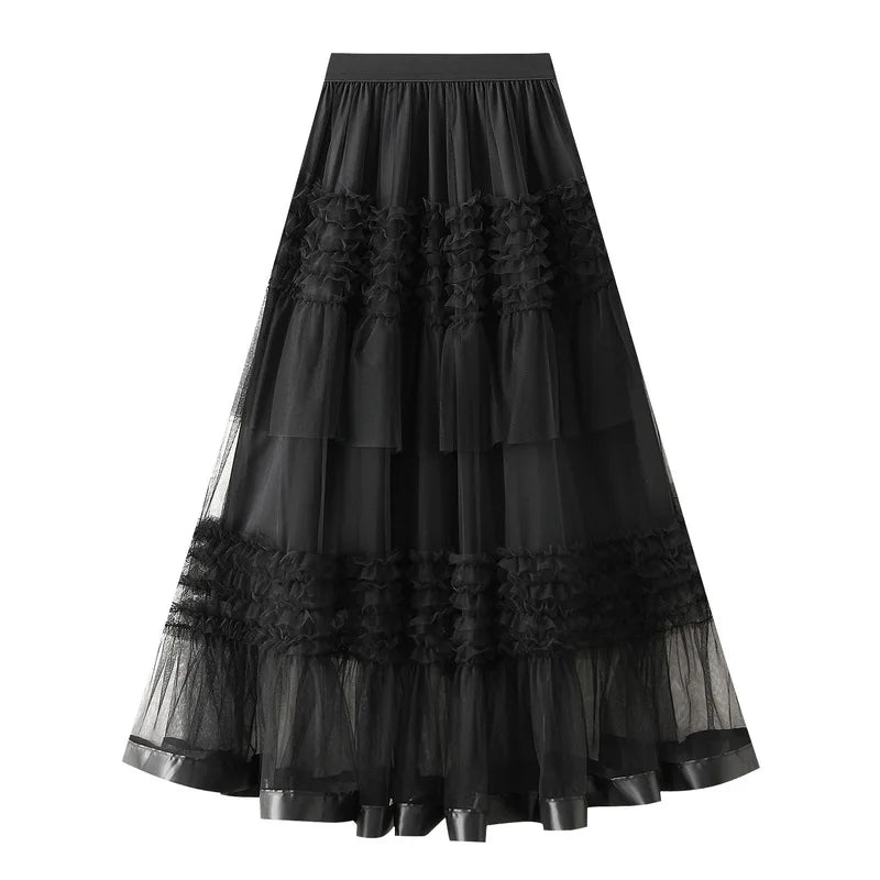 2025 Summer Floor-length Pleated Skirt Women Long Maxi Tulle Skirt for Women High Waist Vintage Mesh Cake Skirt Female
