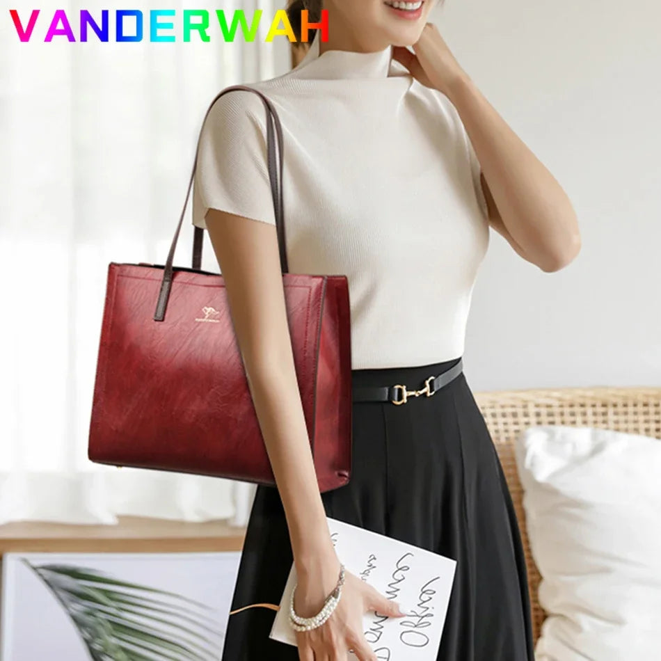 Vintage Large Capatity Tote Shoulder Bags Fashion Top-Handle Bags High Quality Leather Bags Casual Letter Design Handbag