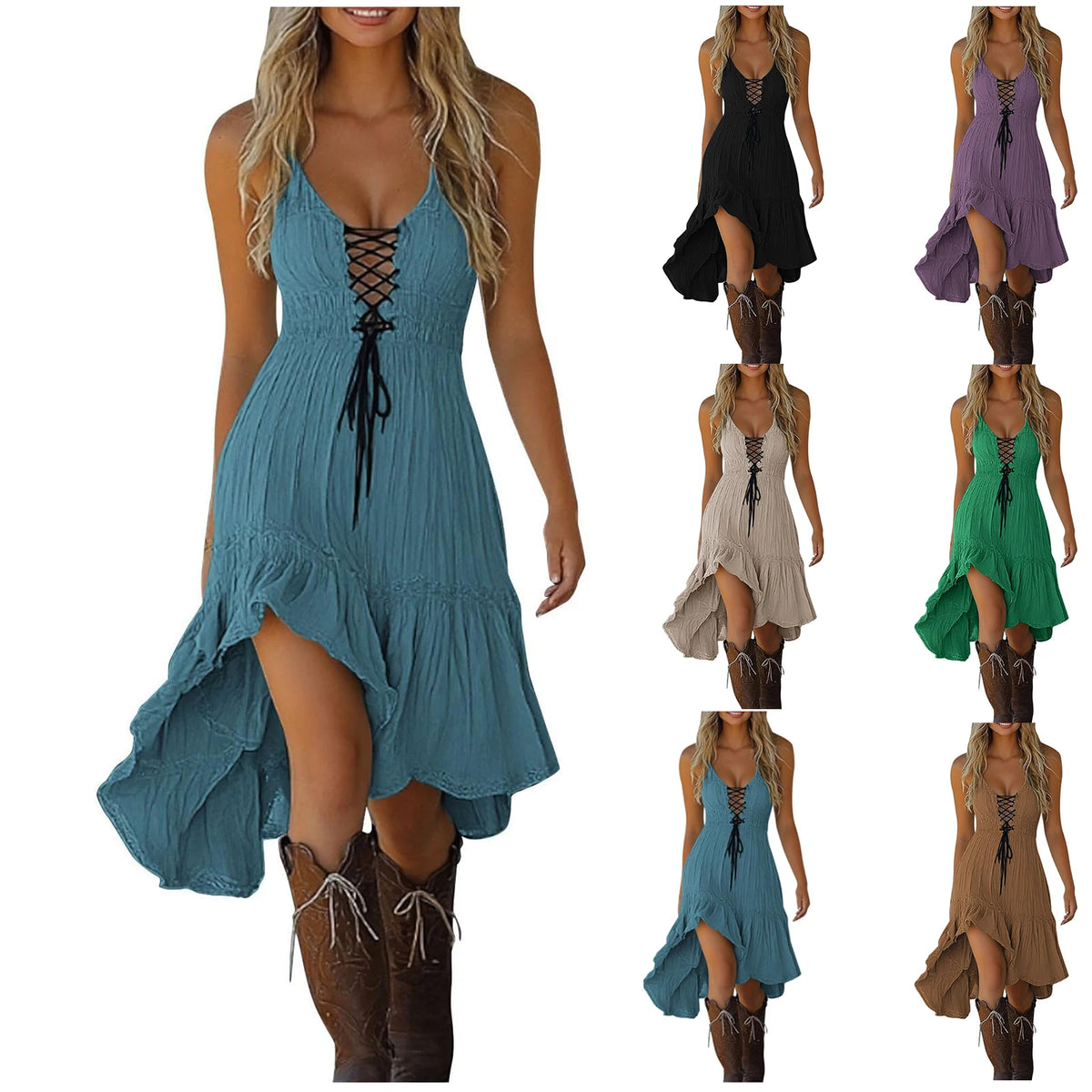 Cowgirl Vintage Spaghetti Strap Dresses Women Bandage V Neck Elastic Waist Asymmetrical Gothic Dress Summer Party Vestidos Mujer