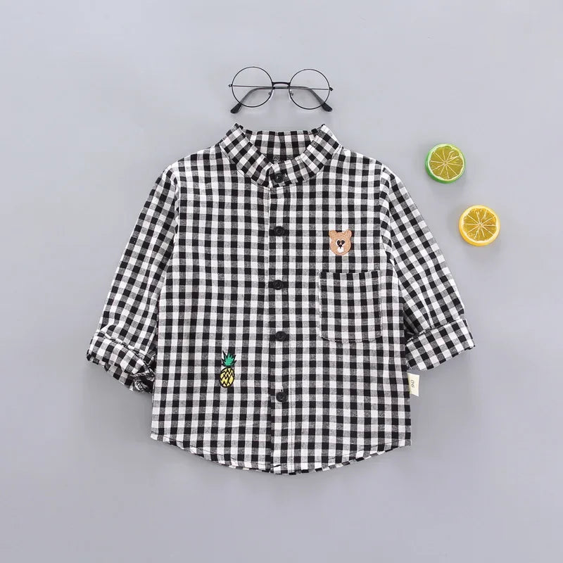 Ienens Kids Plaid Long Sleeve Shirt - Cotton Blend, Unisex