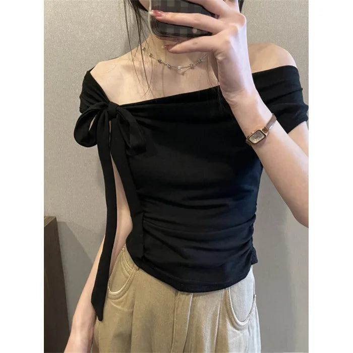Sexy Spice Girl Shoulder Short Tshirt Women's Strap Slit Cleanfit Style Ladies' T-shirt Linen Fabric A-line Sleeve Other Mate...