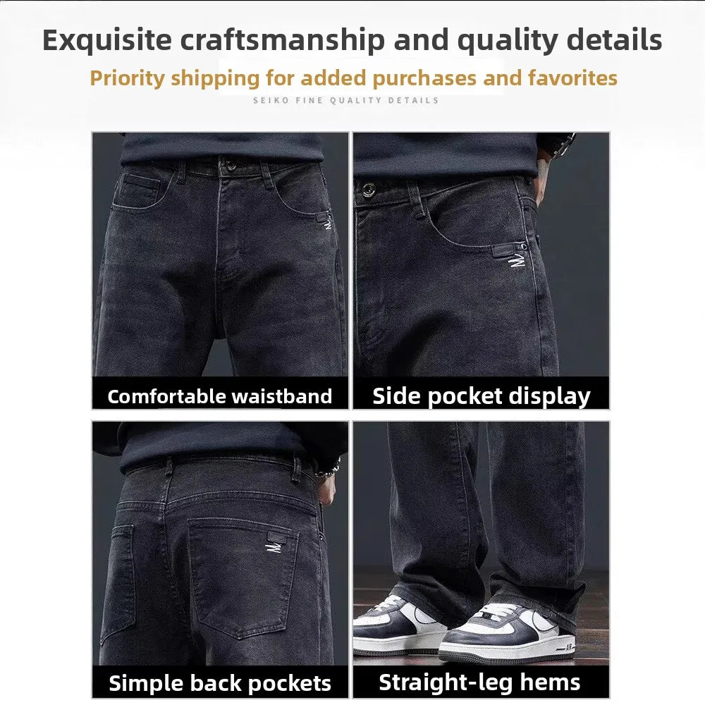 Black Casual Elastic Wide Leg Jeans Men's Loose Straight Fit Jeans Trendy Autumn Winter Long Pants Korean Style Basic Model