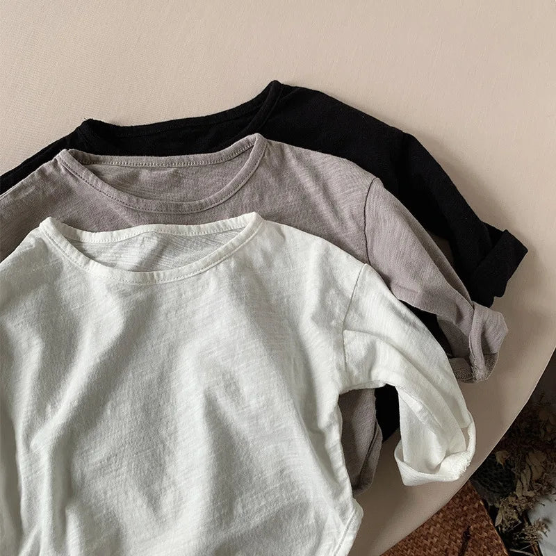 Spring Autumn Kids New Solid Long Sleeves Sweatshirt Boys Loose Cotton Top Clothes Baby Girl Boy Casual Soft Pullover T-Shirts