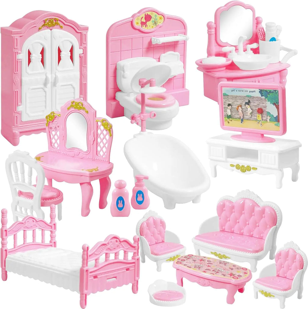 Dollhouse Furniture Set Accessories Doll House Mini Furniture Pretend Play Bedroom Living Room Bathroom Kitchen Kids Birthday