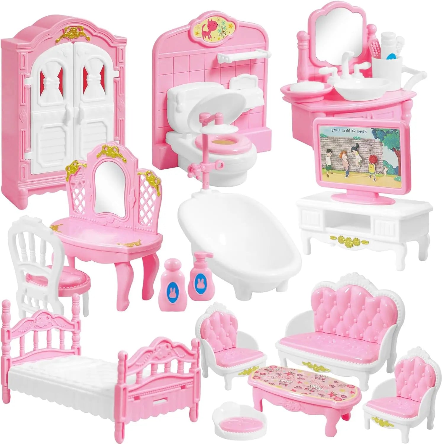 Dollhouse Furniture Set Accessories Doll House Mini Furniture Pretend Play Bedroom Living Room Bathroom Kitchen Kids Birthday