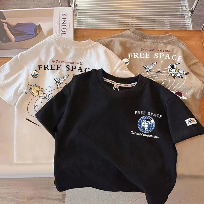 Kids Space Pattern T-Shirt Short Sleeve Crewneck Cotton Blend