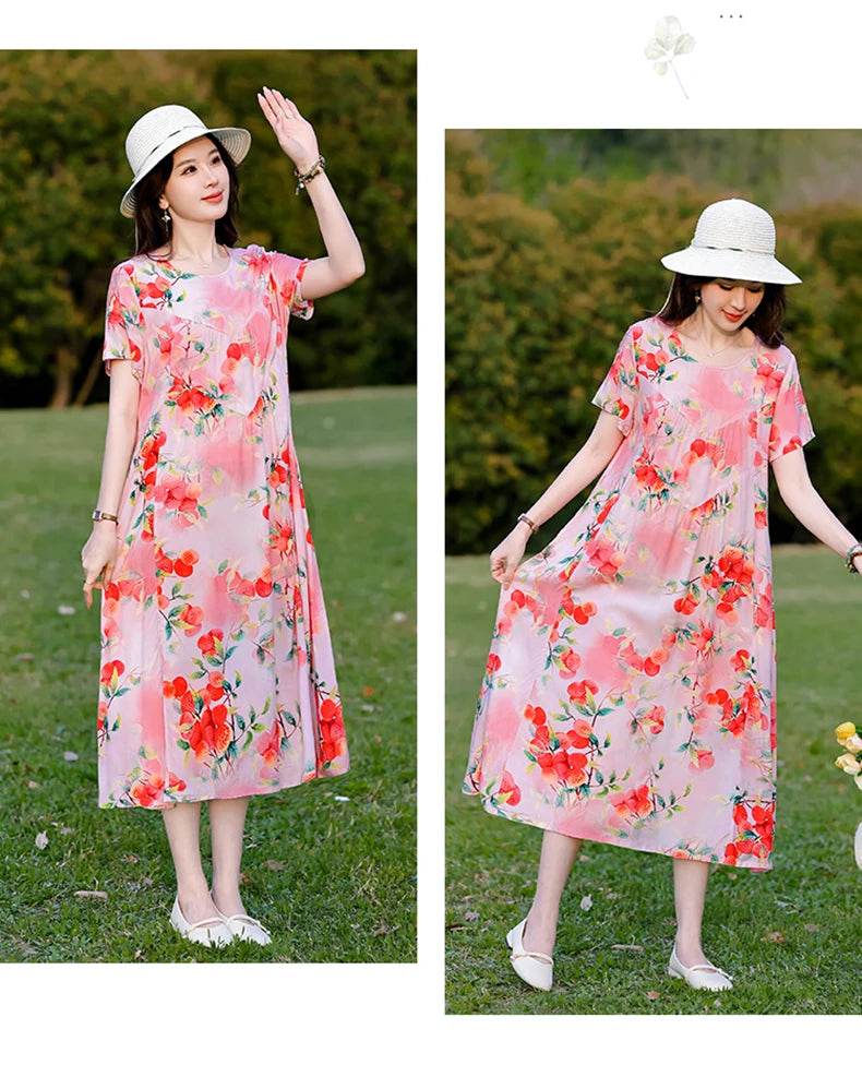 New Print plus size 2026 New Fashion Floral Printed Summer Dress Vestidos Elegant Short Sleeve Slim O-Neck Party Women clothing