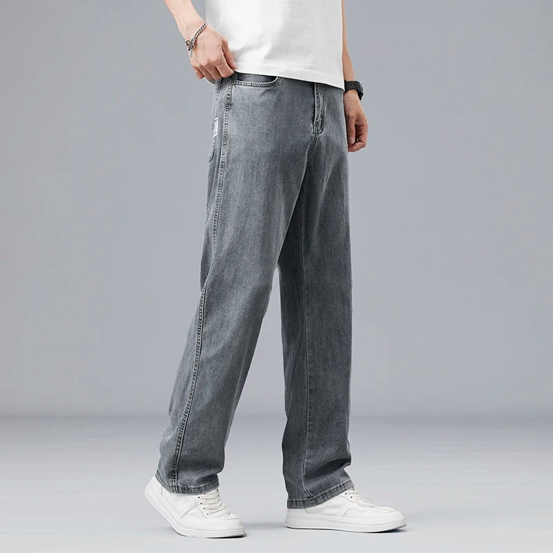 Summer Ultra-Thin Lyocell Men'S Jeans Drape Soft Fabric Loose Straight Casual Denim Pants Elastic Ice Silk Male Trousers