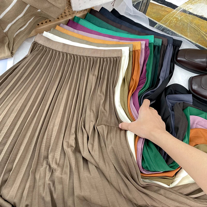 2026 Elegant High Waist Pleated Skirt for Women Mid-long Midi Skirt Female High Quality Black Saia