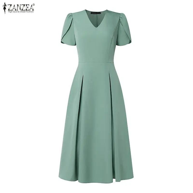 Elegant V Neck Petal Sleeve Sundress ZANZEA Women Summer Dress Stylish Solid A Line Pleated Holiday Dresses Casual OL Work Robe