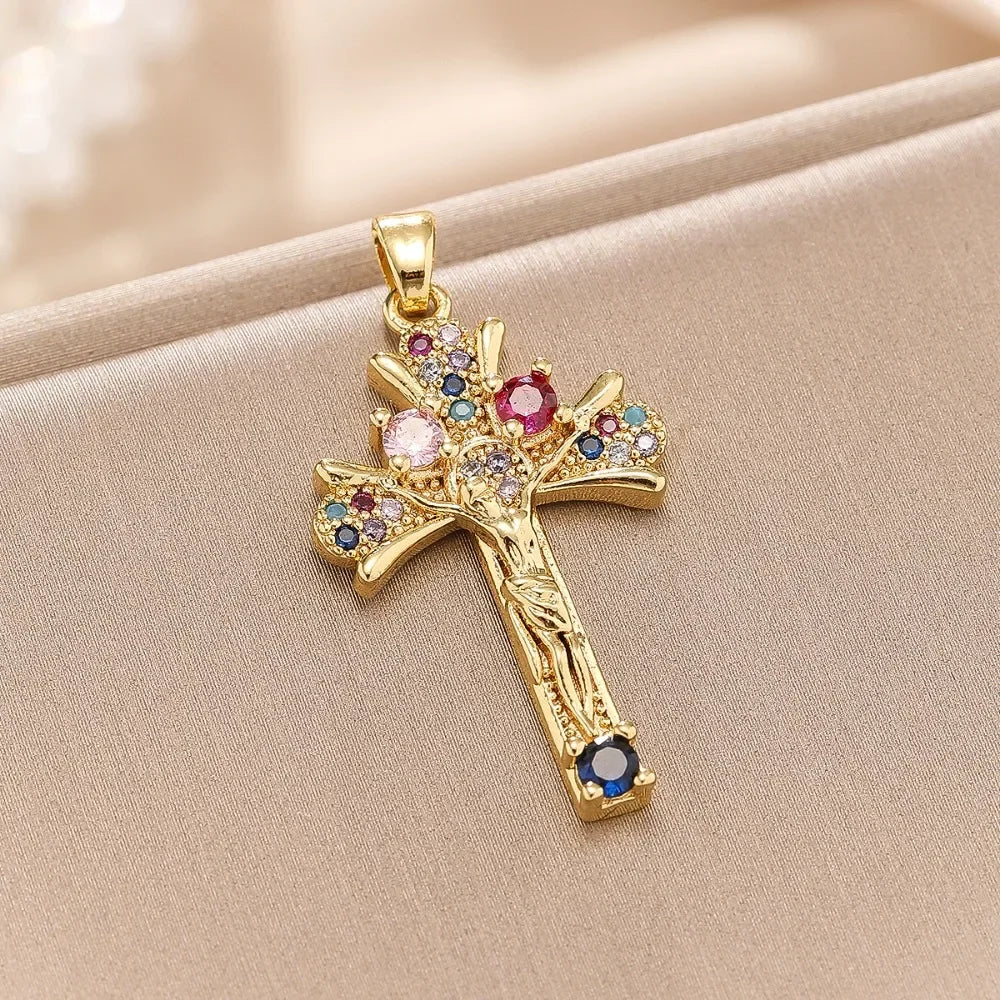 Light Luxury And Cross Colored Zirconium Micro-Paved Zircon Necklace Pendant Personalized Niche Clavicle Chain
