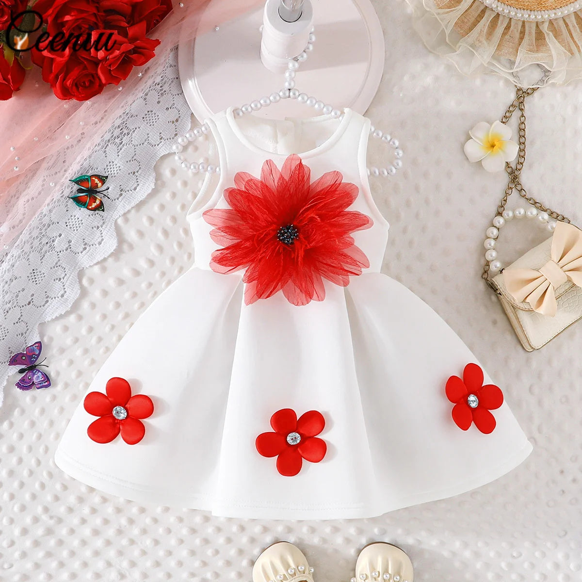 1-5Y Toddler Girl Party Dresses Sleeveless Front Fashion 3D Mesh Flower Dress For Girls Baby Kids Clothes Girls Birthday Gown