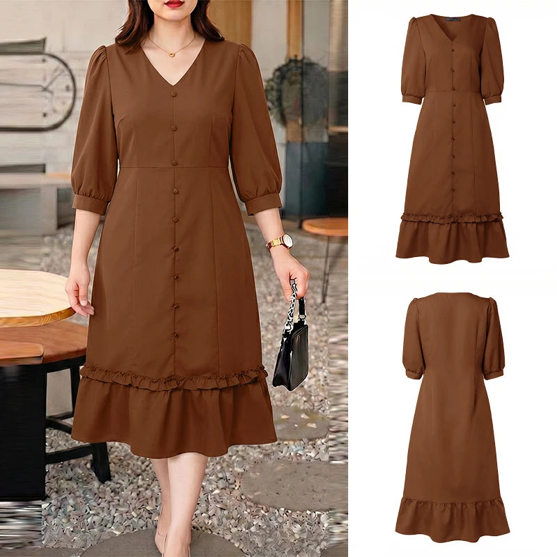 Women A-Line Midi Dress V-Neck 3/4 Puff Sleeve Cinched Waist Ruffled Hem Dresses ZANZEA Summer Elegant Casual Commute Robe Femme