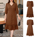 Women A-Line Midi Dress V-Neck 3/4 Puff Sleeve Cinched Waist Ruffled Hem Dresses ZANZEA Summer Elegant Casual Commute Robe Femme