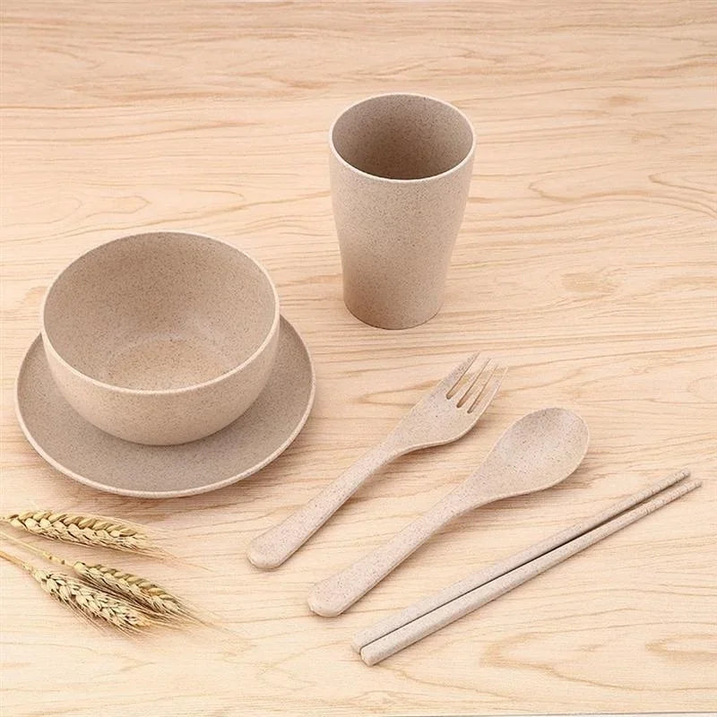 6 Pcs/Set Wheat Straw Baby Tableware Children Food Dishes Bowl Feeding Infant Learning Dinnerware Spoon Chopsticks Fork Cup New