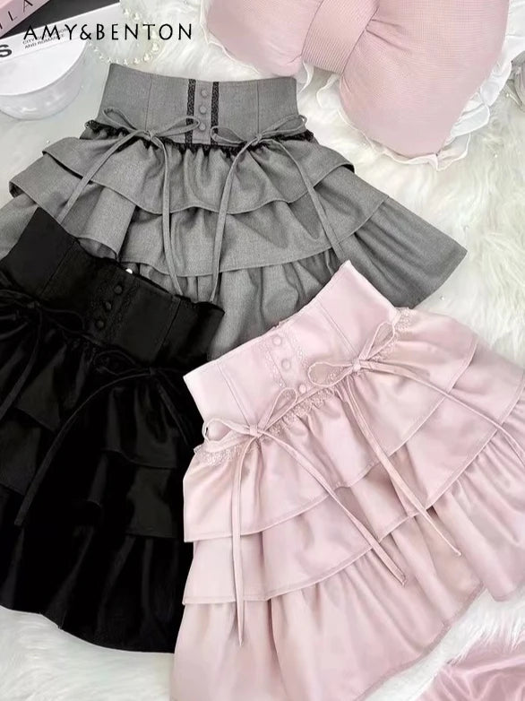 Sweet Cute Lace High Waist Puffy Skirt Japanese Style Kawaii Bow Tie Slimming Multi-layer Mini Skirt A-line Skirts for Women