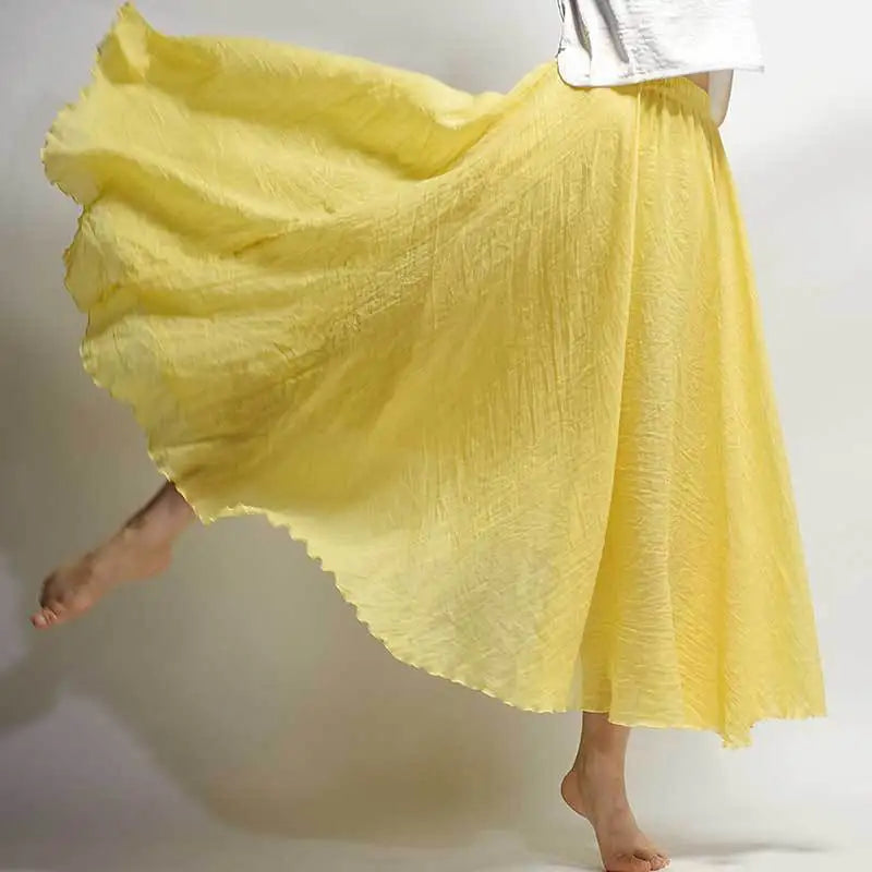 New In 2026 Spring Summer Woman Cotton Linen Midi Skirt Solid Color Loose Flared Pleated A-line Skirt Female Sweet Elegant Skirt