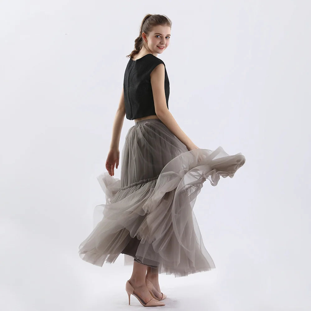 Qooth Women 90cm Party Tulle Ball Gown Mesh Skirt Banquet Wedding Faldas Mujer Elastic Waist Bow Tie Belt Tutu Skirt QT2181