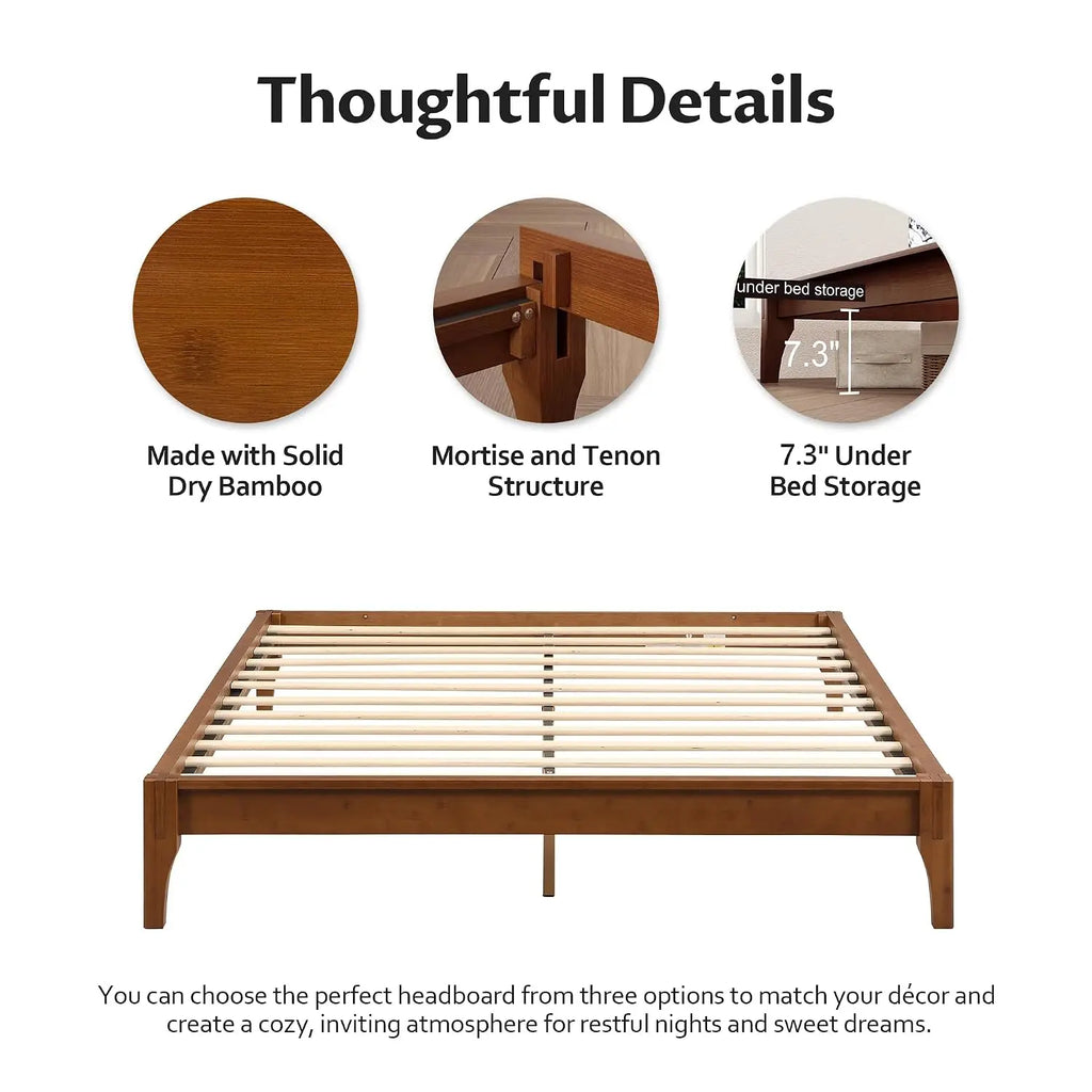 Mid-Century Bamboo Platform Bed, Queen Size Bed Frame with Wood Slat Support, No Box Spring Needed, Easy Tool-Free, Customized
